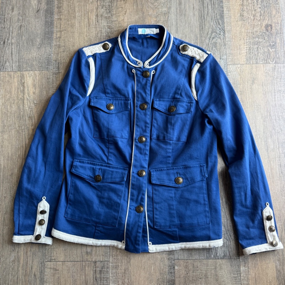 Boden Rosannah Royal Blue Military Jacket Braid Trim Gold Crest Buttons size 12R